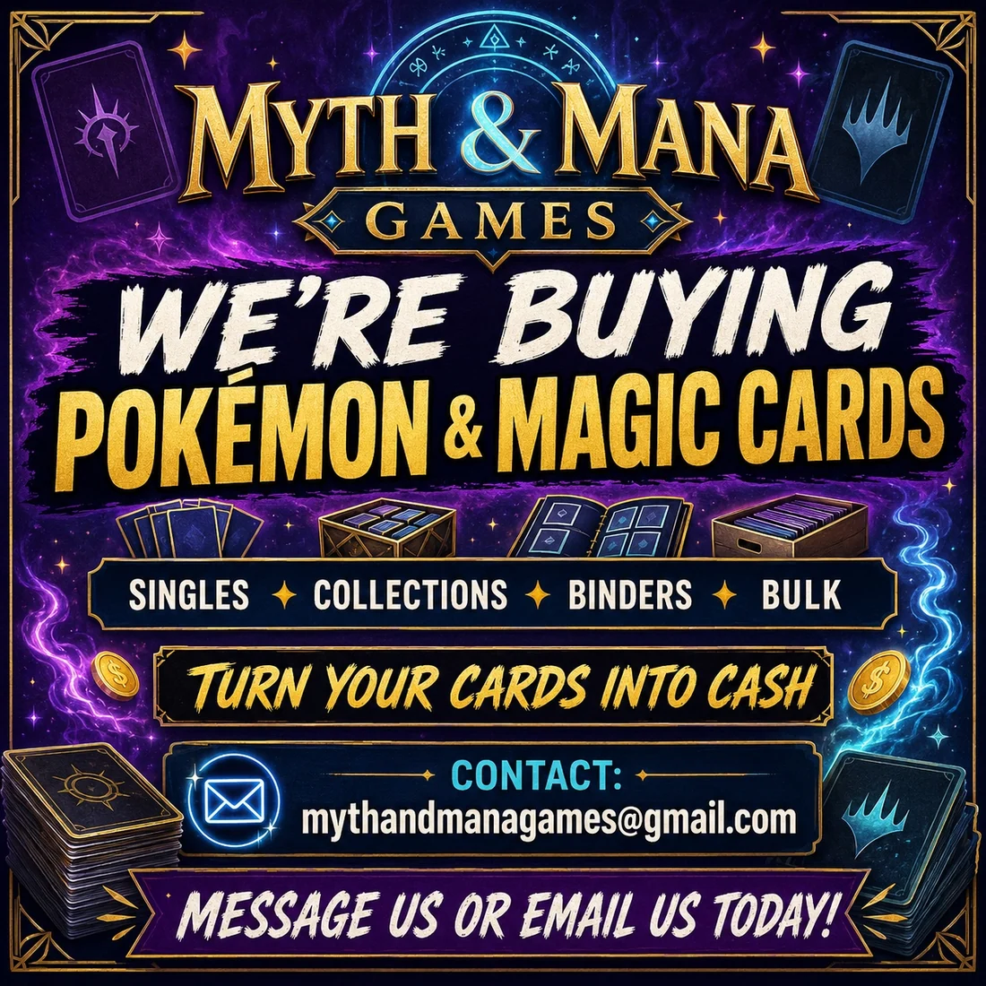 Myth & Mana is buying Pokémon and Magic cards, singles, collections, binders and bulk